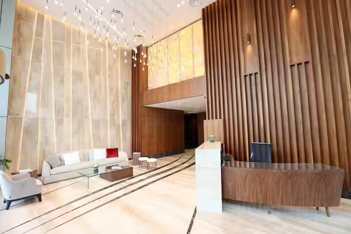 The building's double-height reception